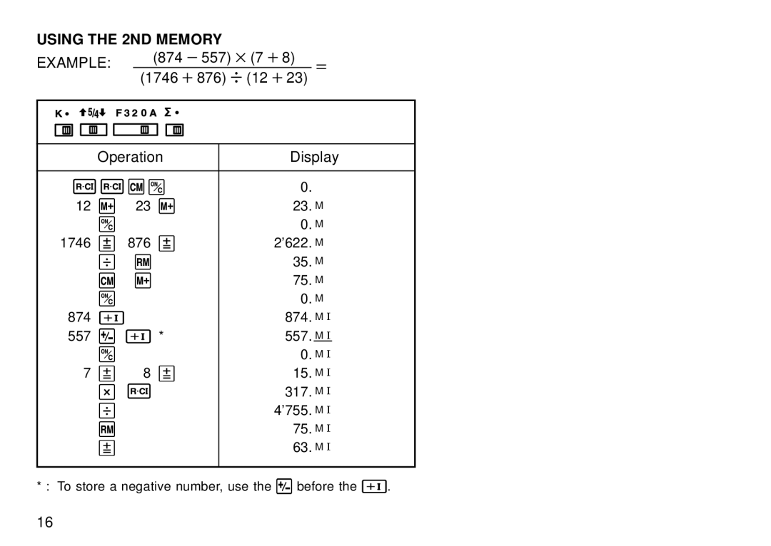 Sharp QS-2130 operation manual Using the 2ND Memory, Operation Display 