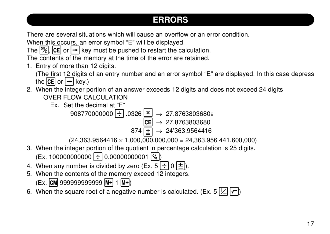 Sharp QS-2130 operation manual Errors, Over Flow Calculation 