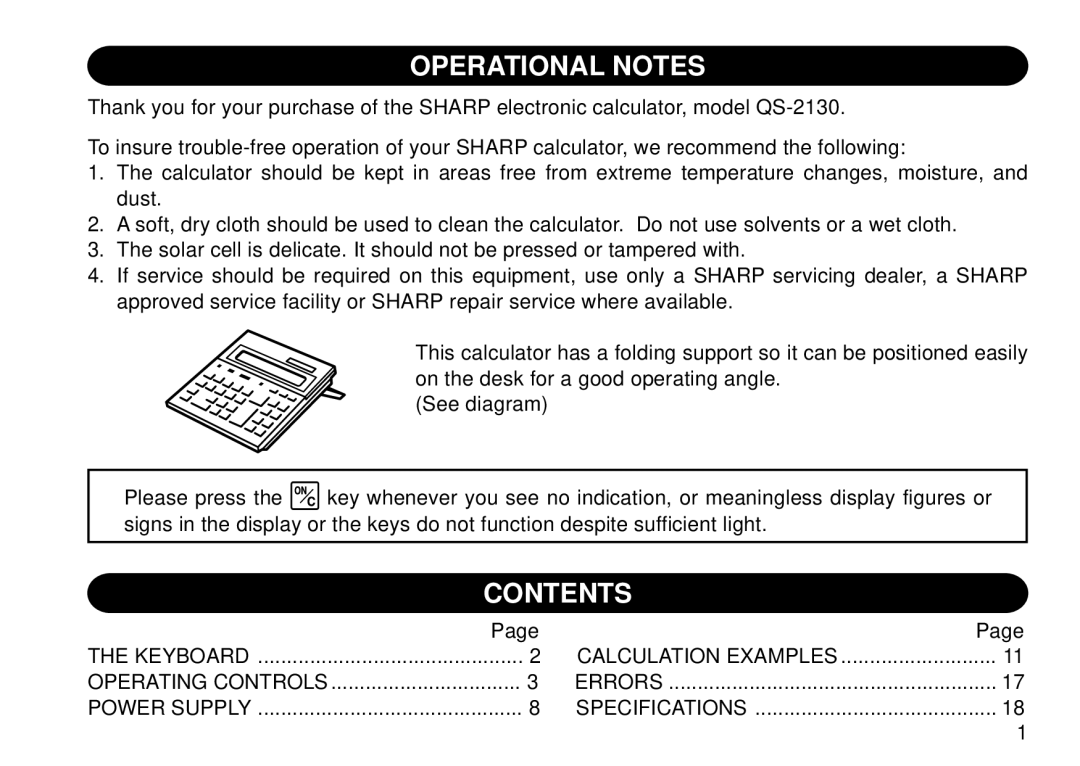 Sharp QS-2130 operation manual Operational Notes, Contents 