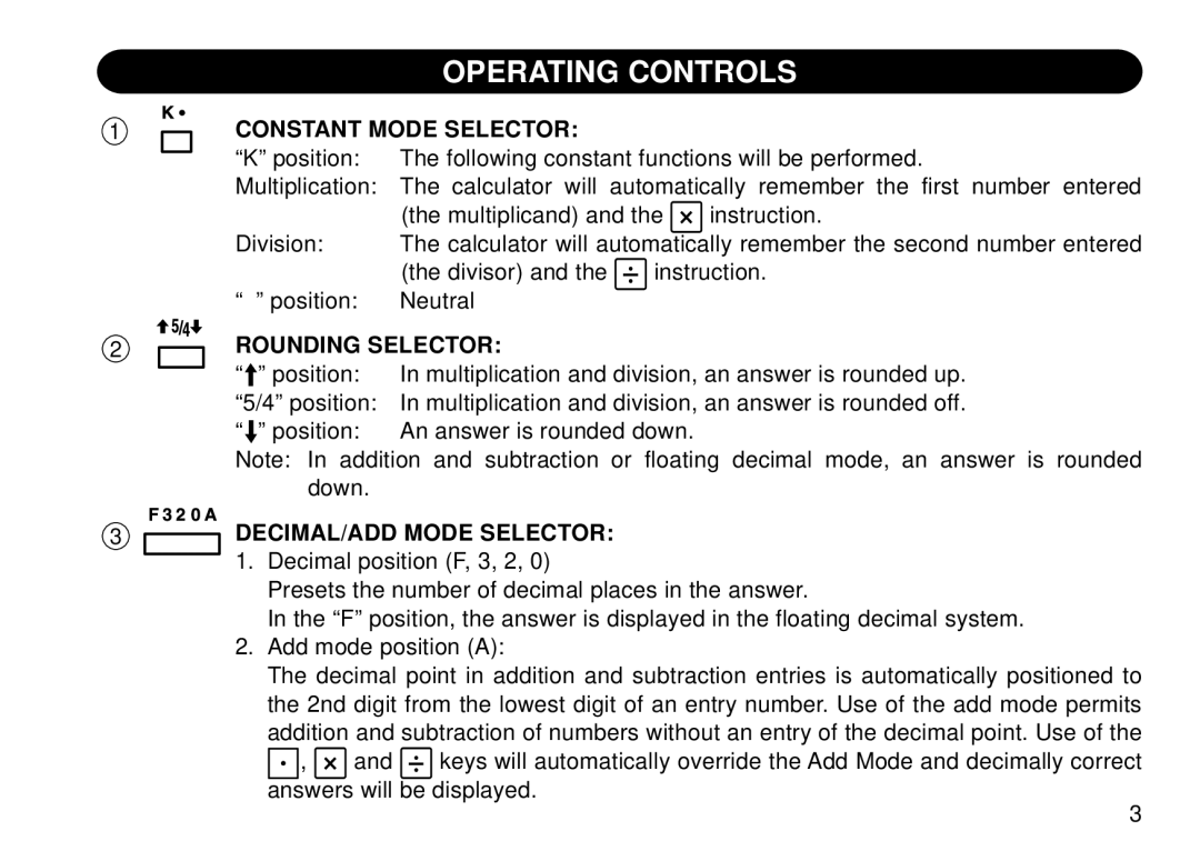 Sharp QS-2130 operation manual Operating Controls, Constant Mode Selector, Rounding Selector, DECIMAL/ADD Mode Selector 