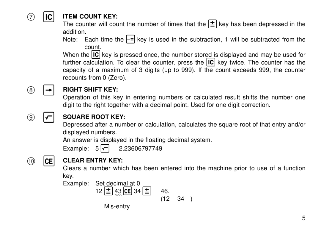 Sharp QS-2130 operation manual Item Count KEY, Right Shift KEY, Square Root KEY, Clear Entry KEY 