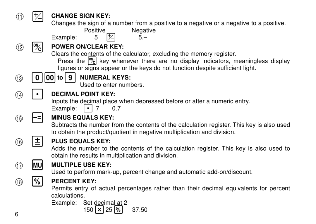 Sharp QS-2130 Change Sign KEY, Power ON/CLEAR KEY, Decimal Point KEY, Minus Equals KEY, Plus Equals KEY, Multiple USE KEY 