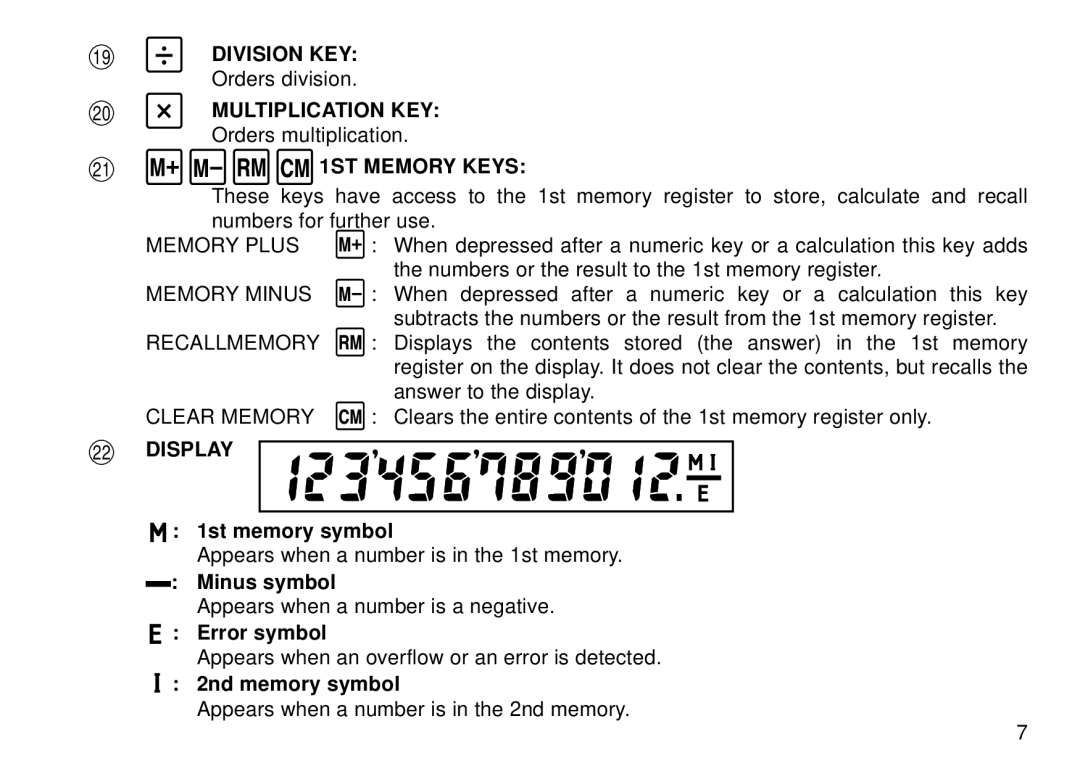 Sharp QS-2130 operation manual Division KEY, Multiplication KEY, 1ST Memory Keys, Display 