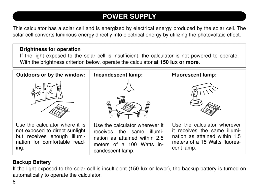 Sharp QS-2130 operation manual Power Supply, Brightness for operation 