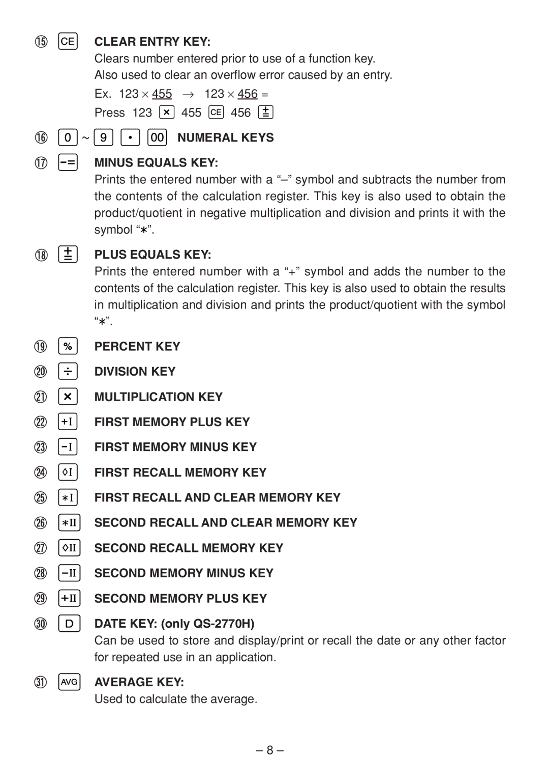 Sharp QS-2760H Clear Entry KEY, ~ Numeral Keys Minus Equals KEY, Plus Equals KEY, Date KEY only QS-2770H, Average KEY 