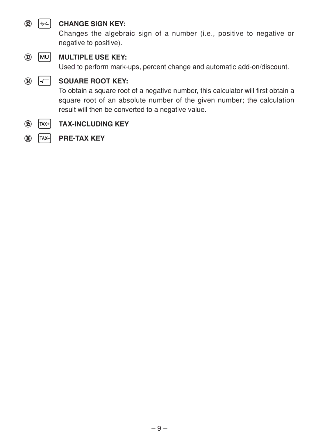 Sharp QS-1760H, QS-2770H, QS-2760H Change Sign KEY, Multiple USE KEY, Square Root KEY, Tax-Including Key Pre-Tax Key 