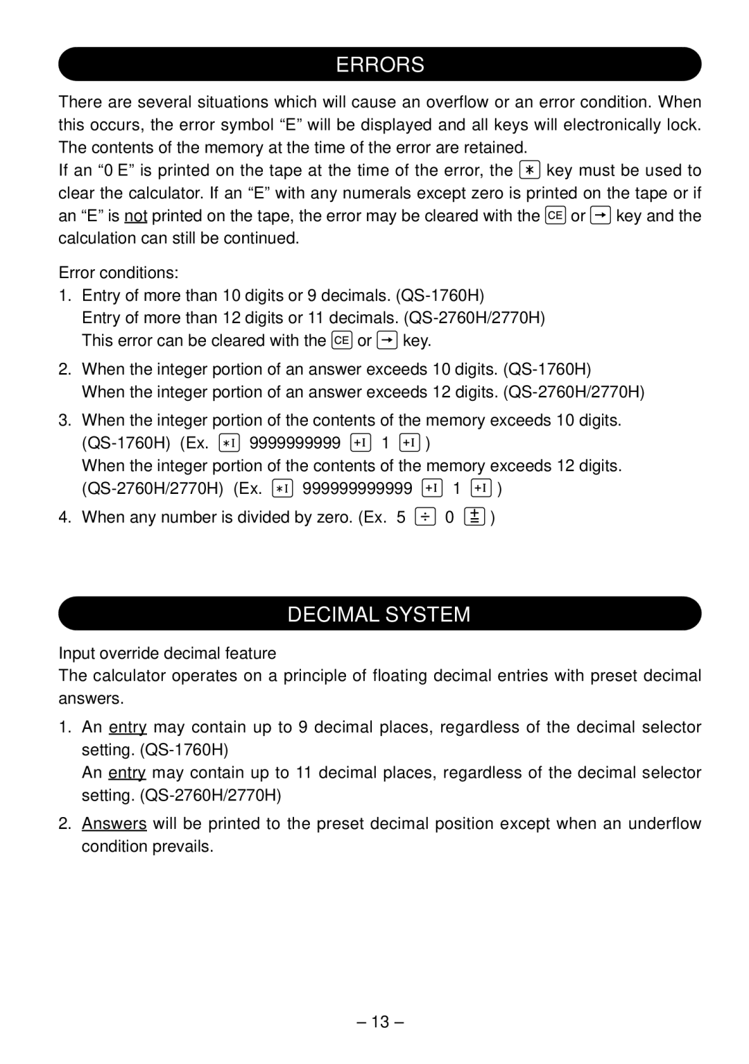 Sharp QS-2770H, QS-2760H, QS-1760H operation manual Errors, Decimal System, Error conditions, Input override decimal feature 