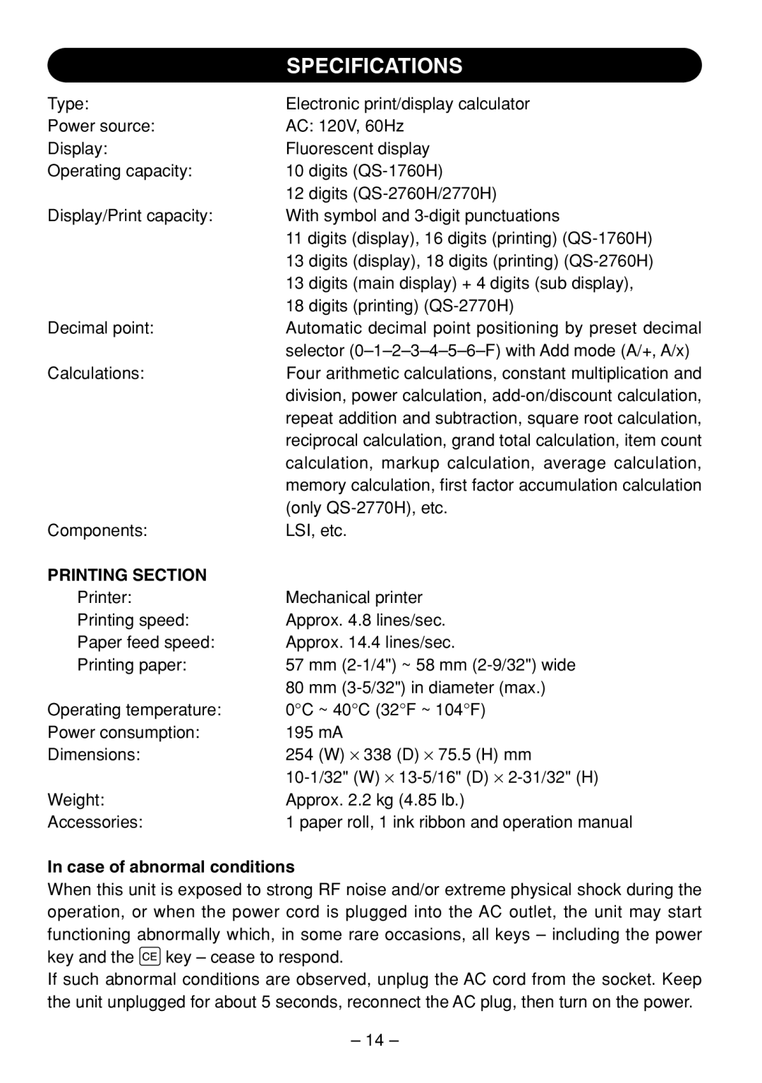 Sharp QS-2760H, QS-2770H, QS-1760H operation manual Specifications, Printing Section, Case of abnormal conditions 