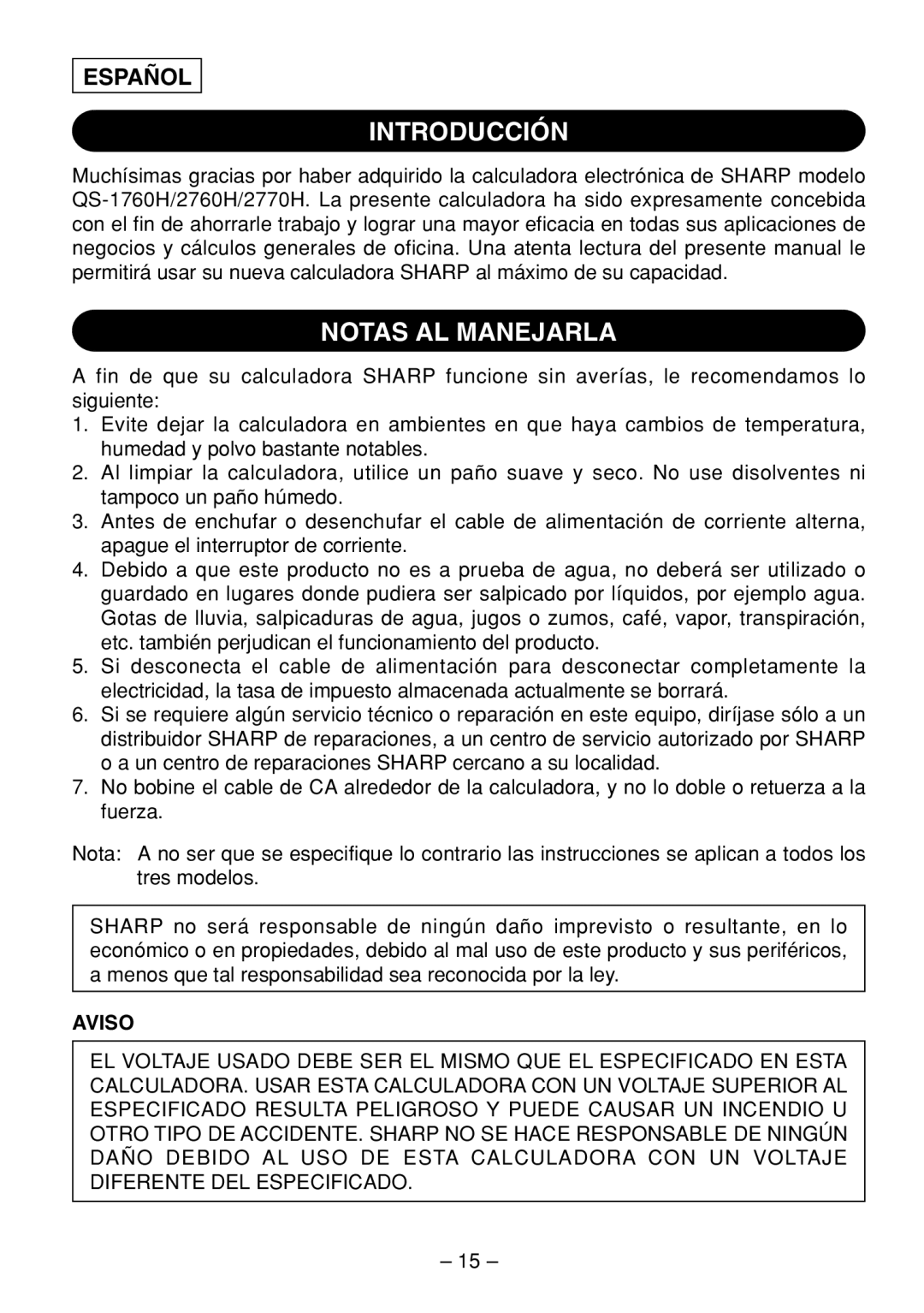 Sharp QS-1760H, QS-2770H, QS-2760H operation manual Introducción, Notas AL Manejarla, Español, Aviso 