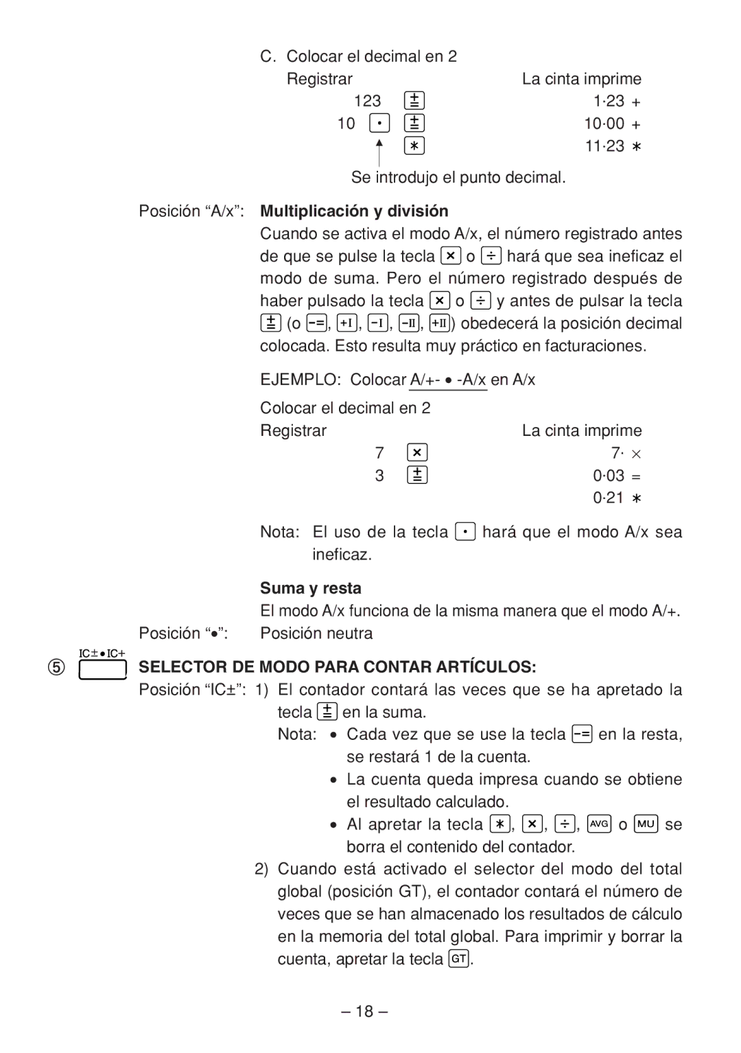 Sharp QS-1760H, QS-2770H Posición A/x Multiplicación y división, Suma y resta, Selector DE Modo Para Contar Artículos 