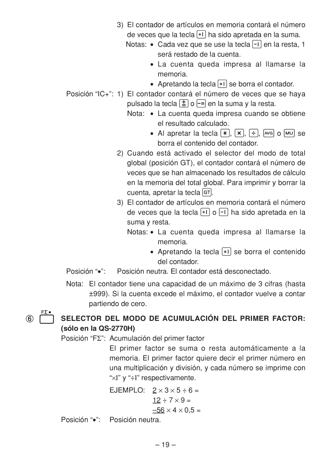 Sharp QS-2770H, QS-2760H, QS-1760H operation manual Posición neutra. El contador está desconectado 