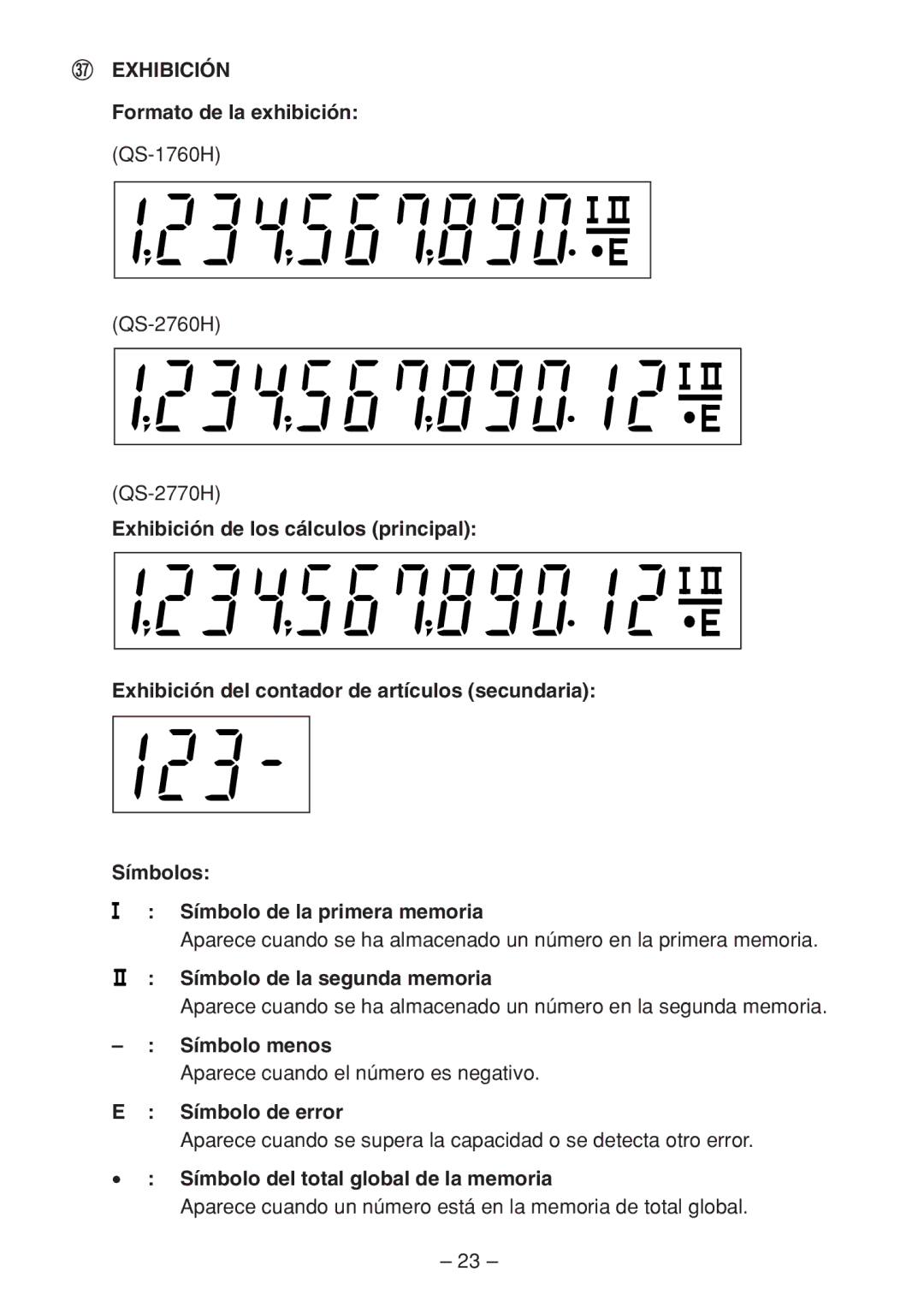 Sharp QS-2760H, QS-2770H, QS-1760H operation manual Exhibición 