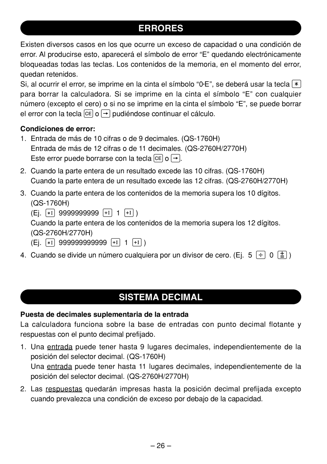 Sharp QS-2760H, QS-2770H Errores, Sistema Decimal, Condiciones de error, Puesta de decimales suplementaria de la entrada 