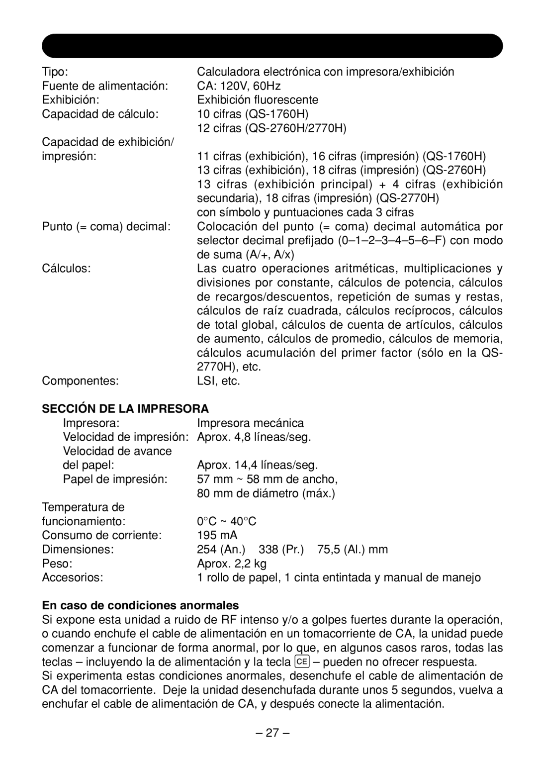 Sharp QS-1760H, QS-2770H, QS-2760H Especificaciones Técnicas, Sección DE LA Impresora, En caso de condiciones anormales 