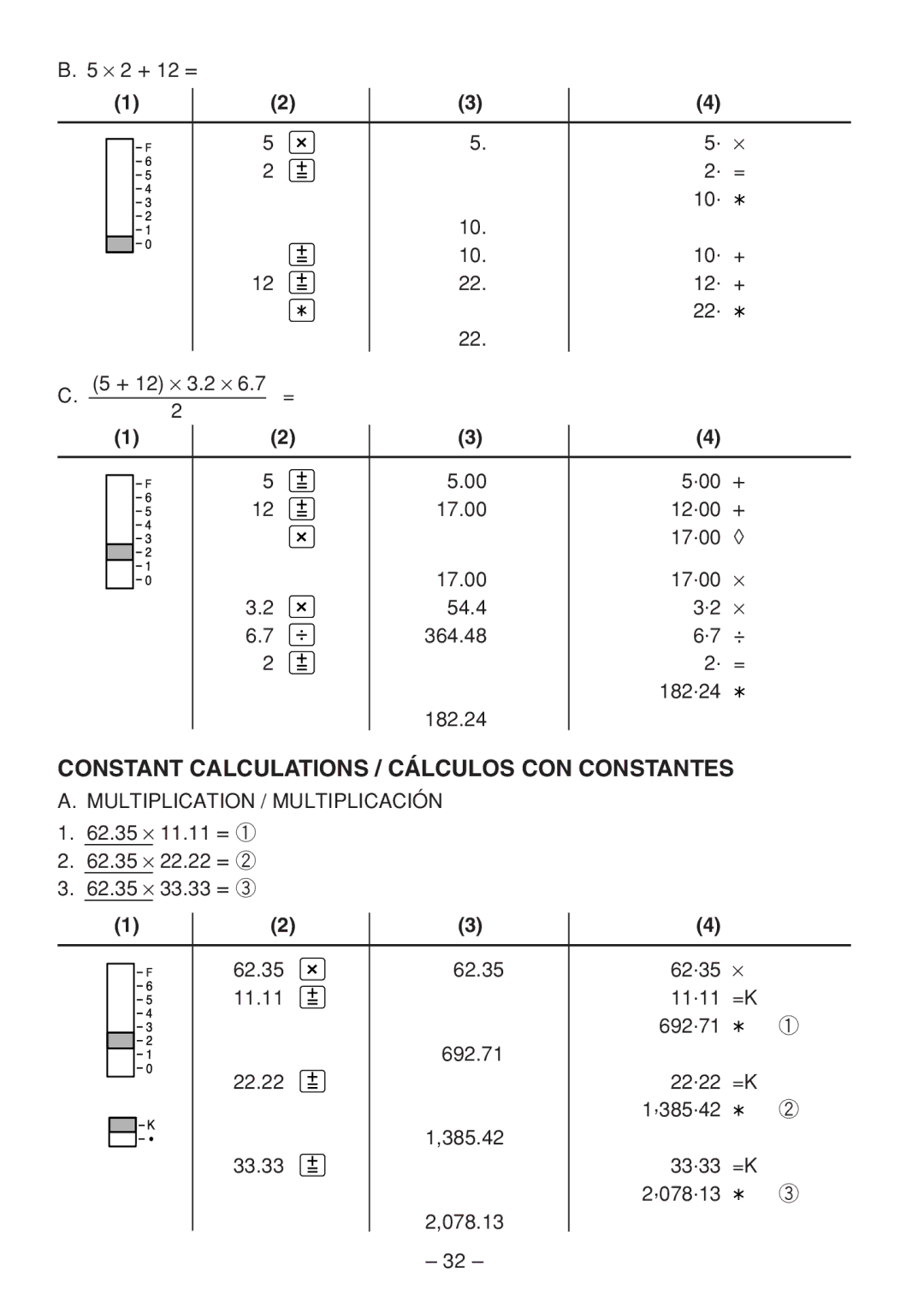 Sharp QS-2760H, QS-2770H, QS-1760H operation manual Constant Calculations / Cálculos CON Constantes 