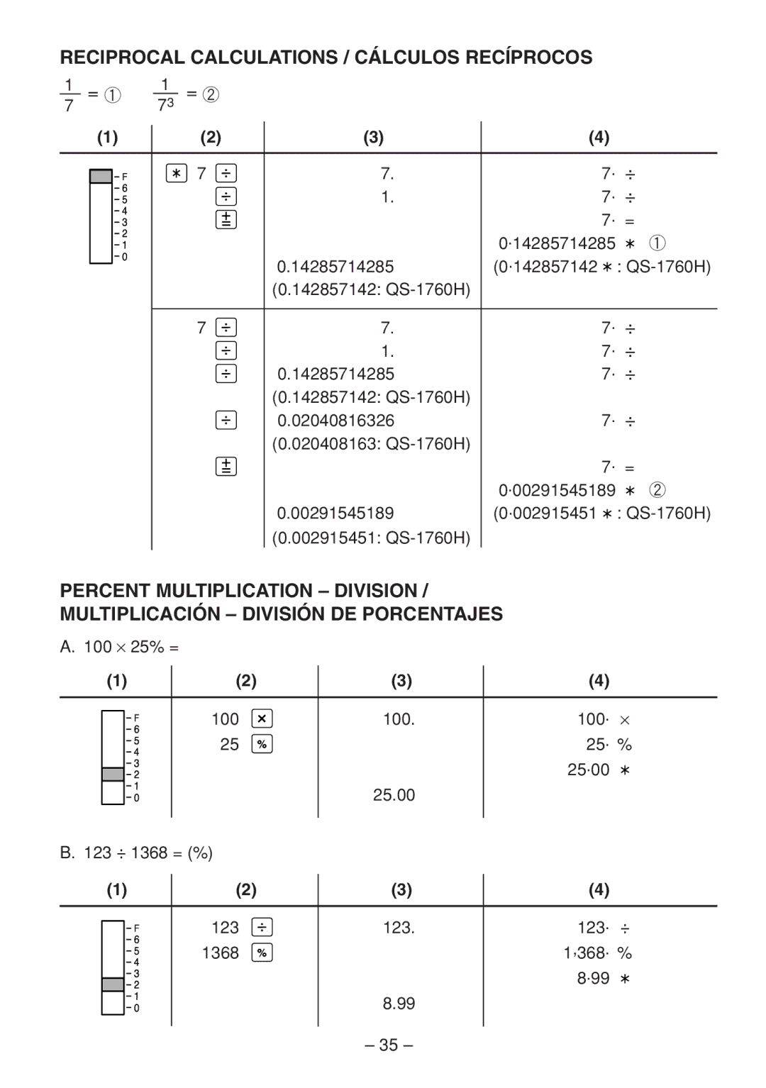 Sharp QS-2760H, QS-2770H, QS-1760H operation manual Reciprocal Calculations / Cálculos Recíprocos, = ① = ② 