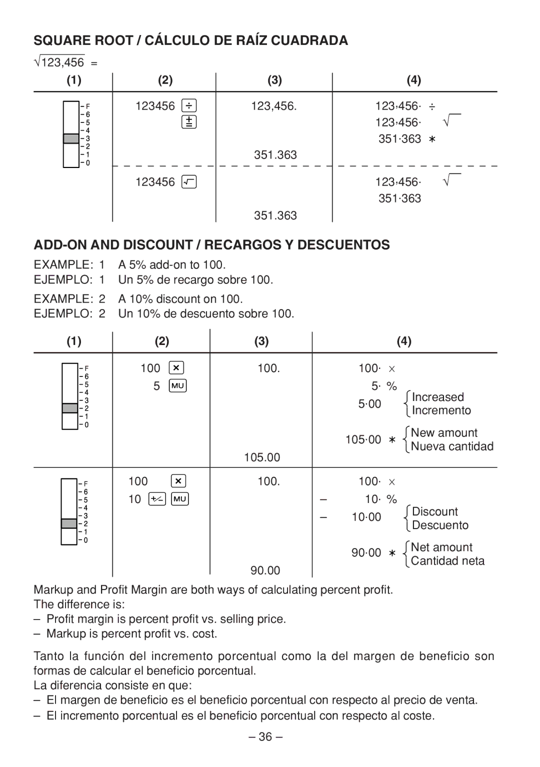 Sharp QS-1760H, QS-2770H, QS-2760H Square Root / Cálculo DE Raíz Cuadrada, ADD-ON and Discount / Recargos Y Descuentos 