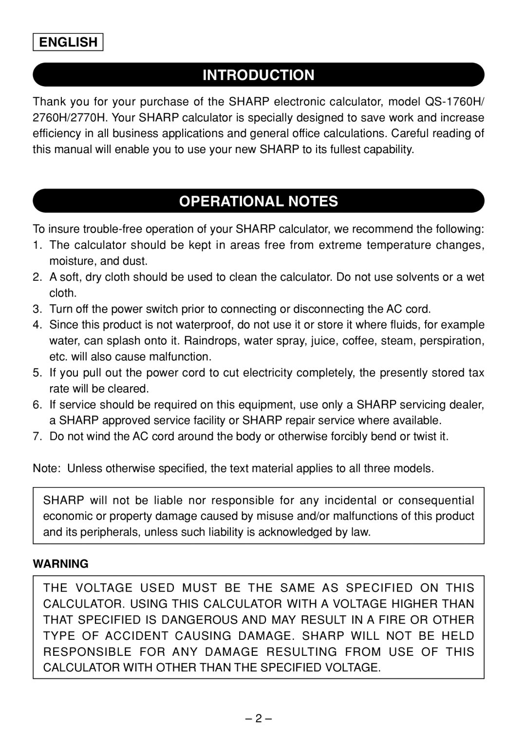 Sharp QS-2760H, QS-2770H, QS-1760H operation manual Introduction, Operational Notes, English 