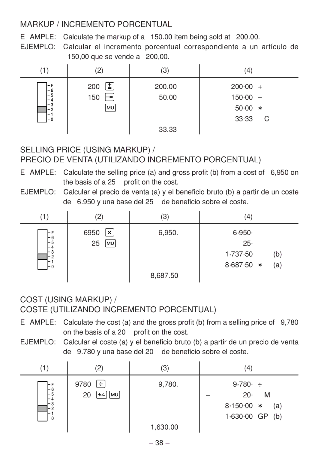 Sharp QS-2760H, QS-2770H, QS-1760H Markup / Incremento Porcentual, Cost Using Markup Coste Utilizando Incremento Porcentual 