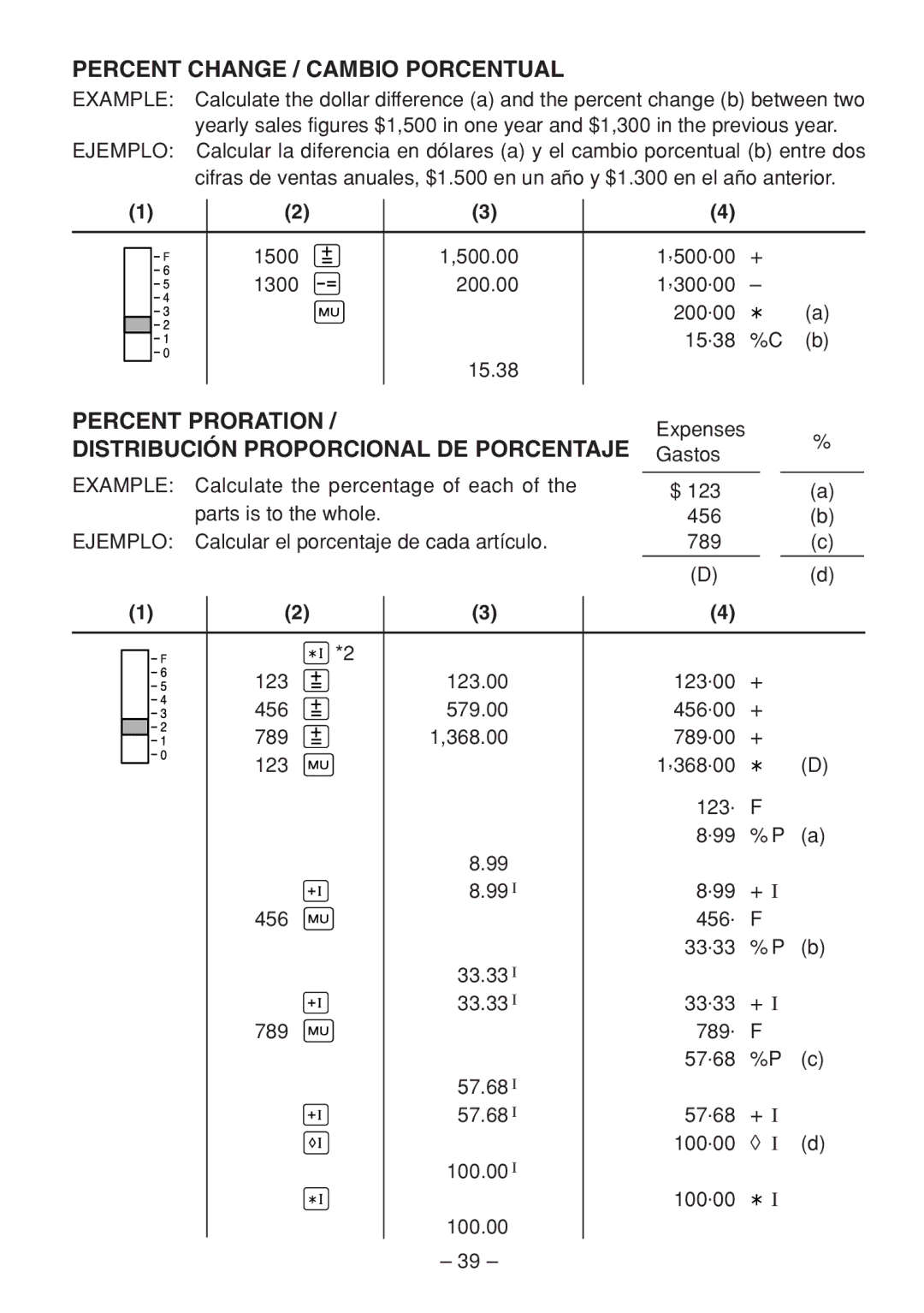 Sharp QS-1760H, QS-2770H Percent Change / Cambio Porcentual, Percent Proration, Distribución Proporcional DE Porcentaje 