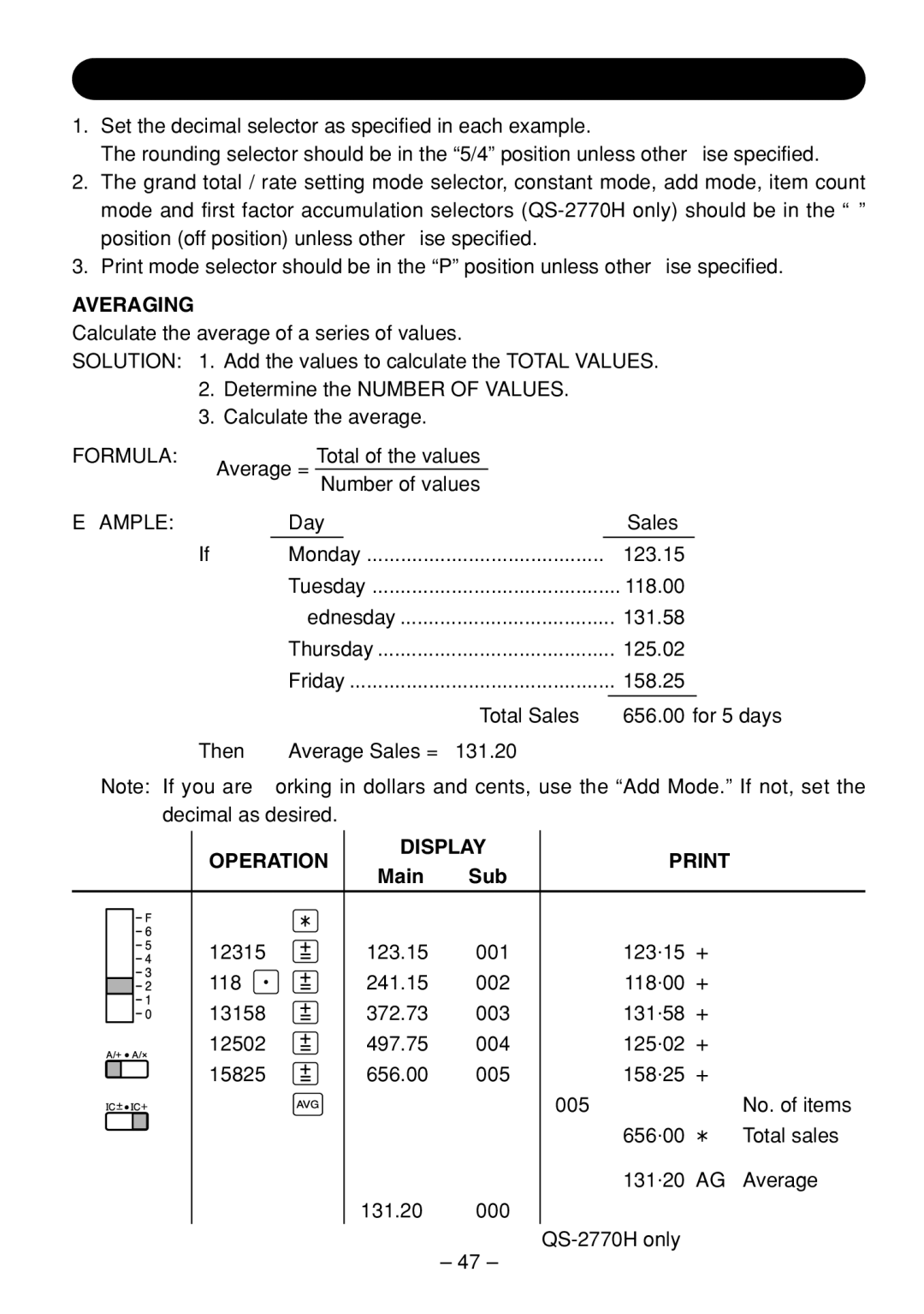 Sharp QS-2760H, QS-2770H, QS-1760H operation manual Sample Applications, Averaging, Operation Display Print, Main 