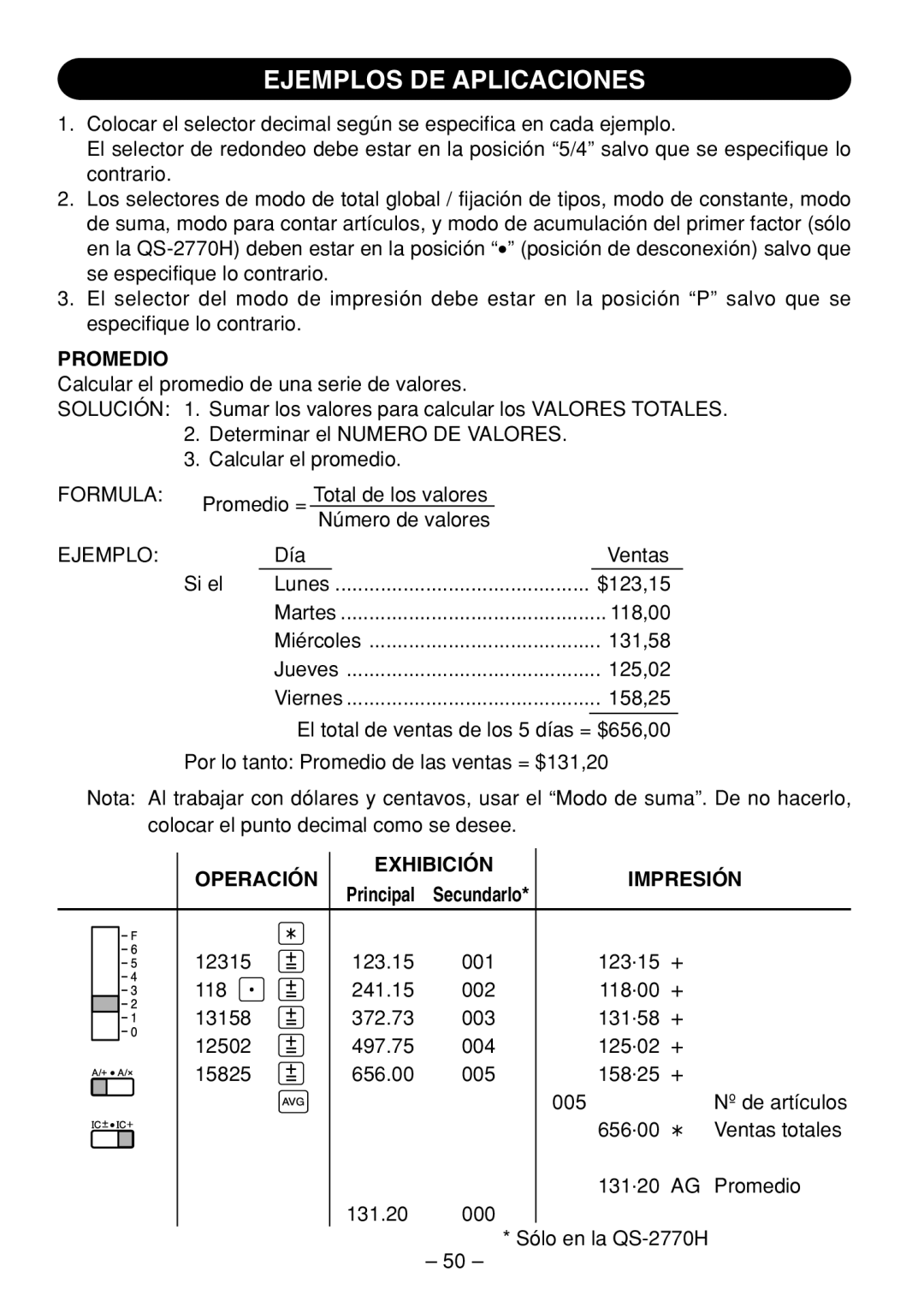 Sharp QS-2760H, QS-2770H, QS-1760H operation manual Ejemplos DE Aplicaciones, Promedio, Operación Exhibición Impresión 