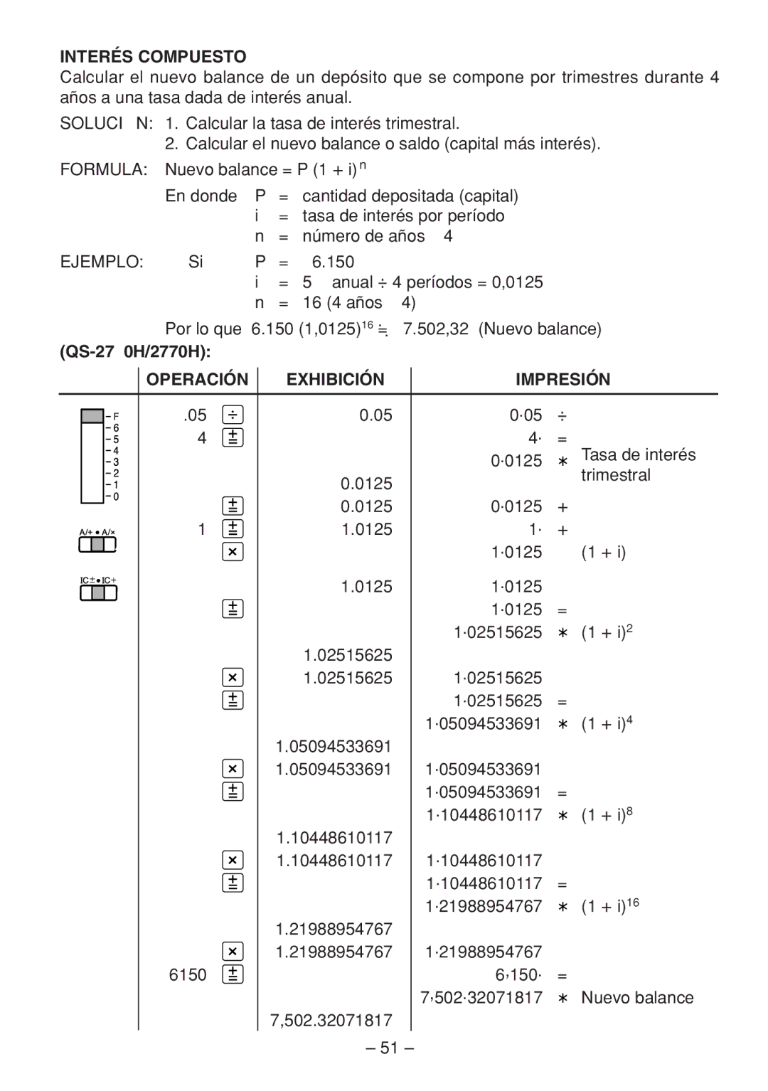 Sharp QS-1760H, QS-2770H operation manual Interés Compuesto, QS-2760H/2770H 