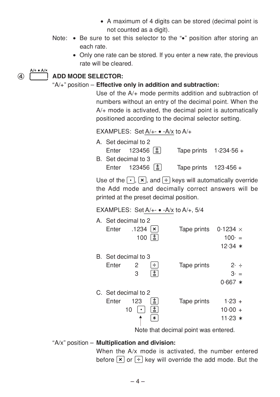 Sharp QS-2770H, QS-2760H, QS-1760H operation manual ADD Mode Selector, + position Effective only in addition and subtraction 