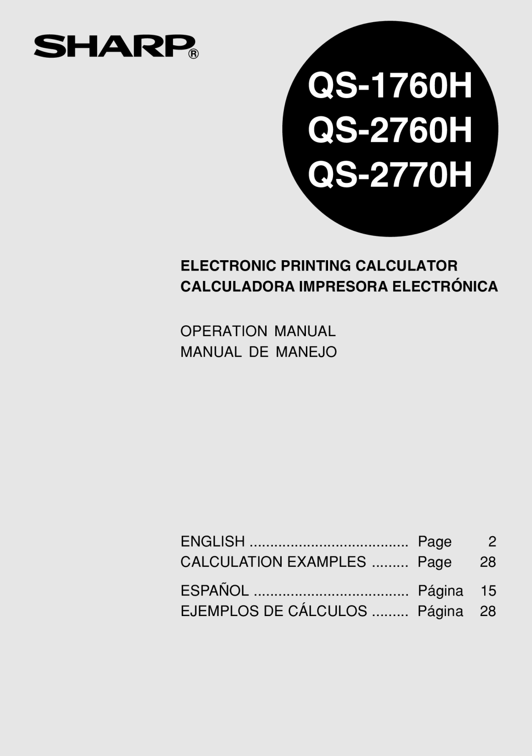 Sharp QS-2760H operation manual Electronic Printing Calculator Calculadora Impresora Electrónica, Español, English, Page 