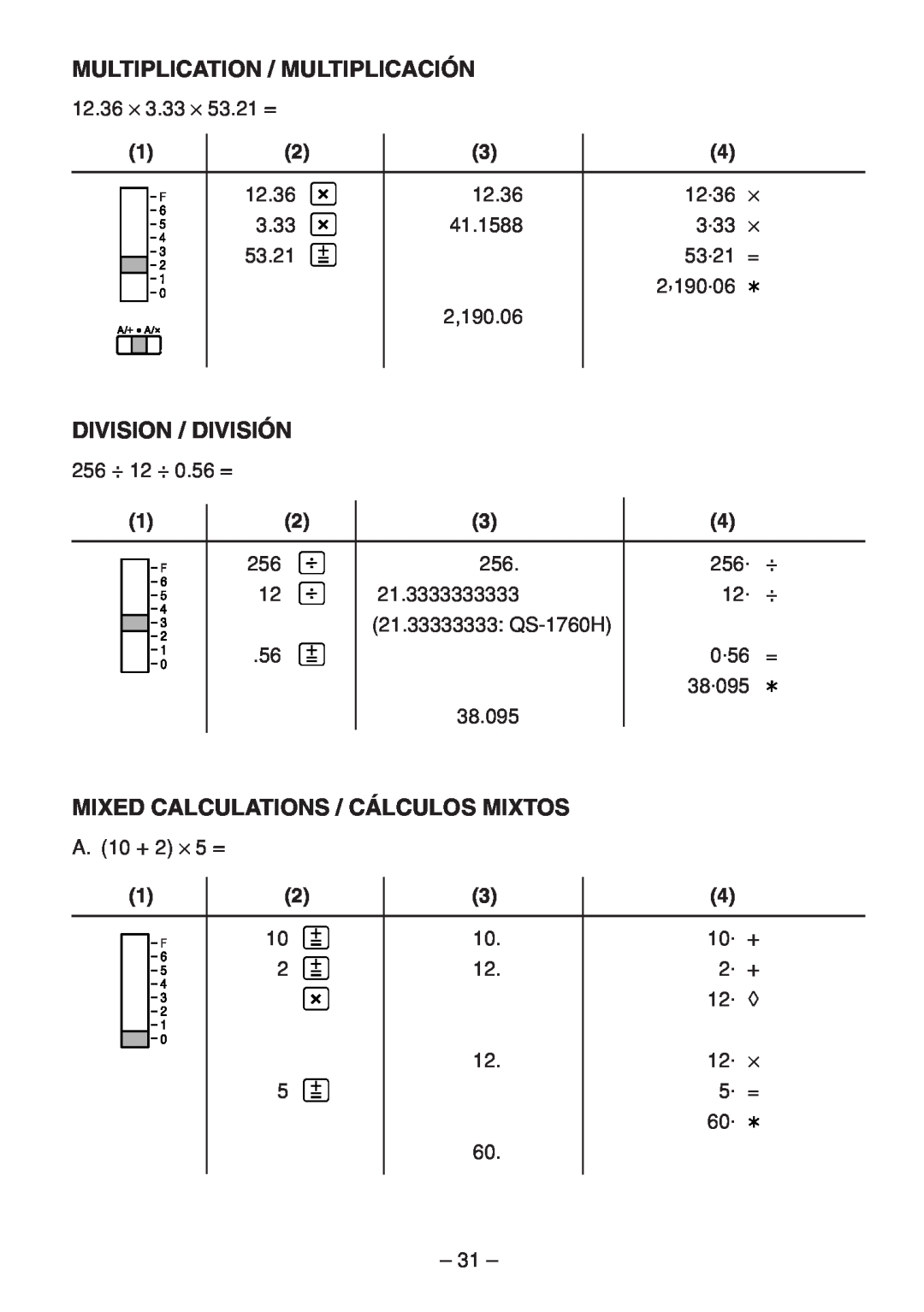 Sharp QS-2770H, QS-2760H, QS-1760H operation manual Mixed Calculations / Cálculos Mixtos 