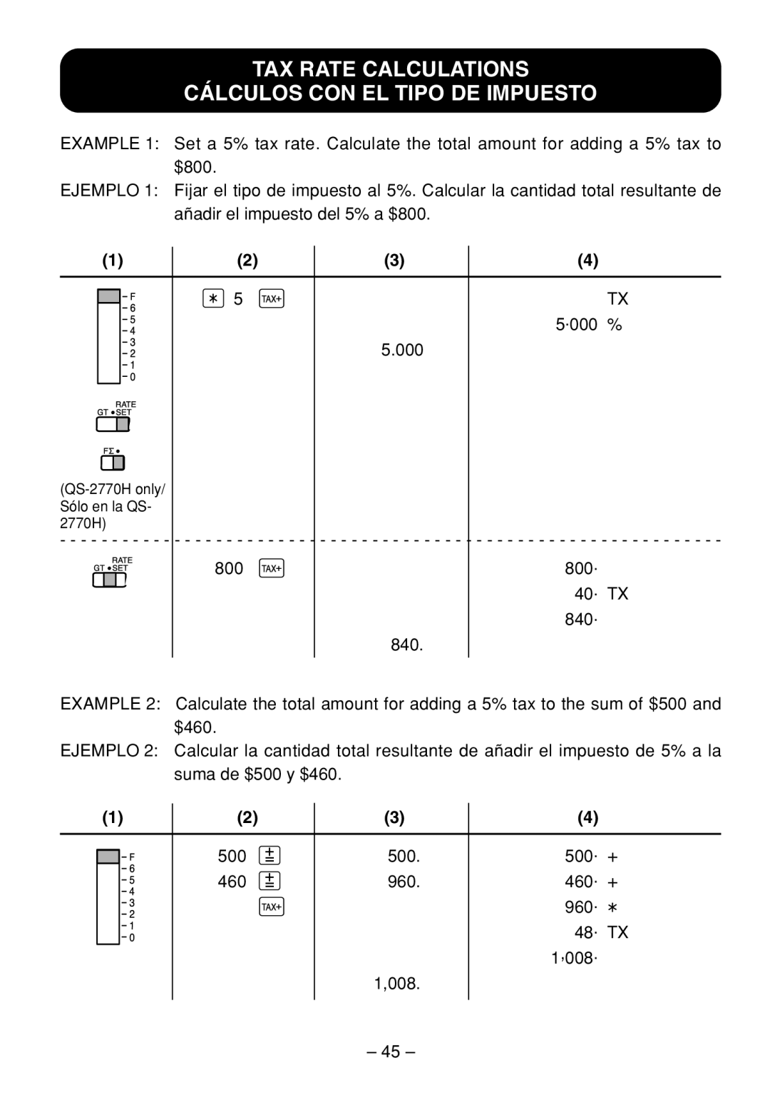 Sharp QS-1760H Tax Rate Calculations Cálculos Con El Tipo De Impuesto, 5.000, QS-2770H only/ Sólo en la QS- 2770H 