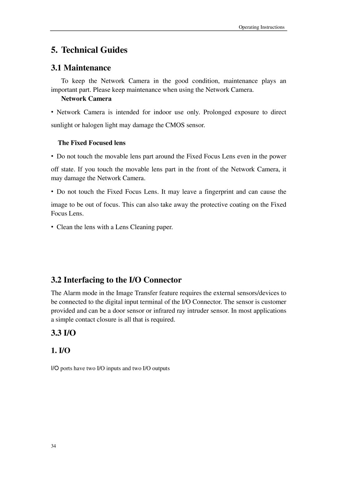 Sharp QSINUFO operating instructions Maintenance, Interfacing to the I/O Connector, Network Camera, Fixed Focused lens 