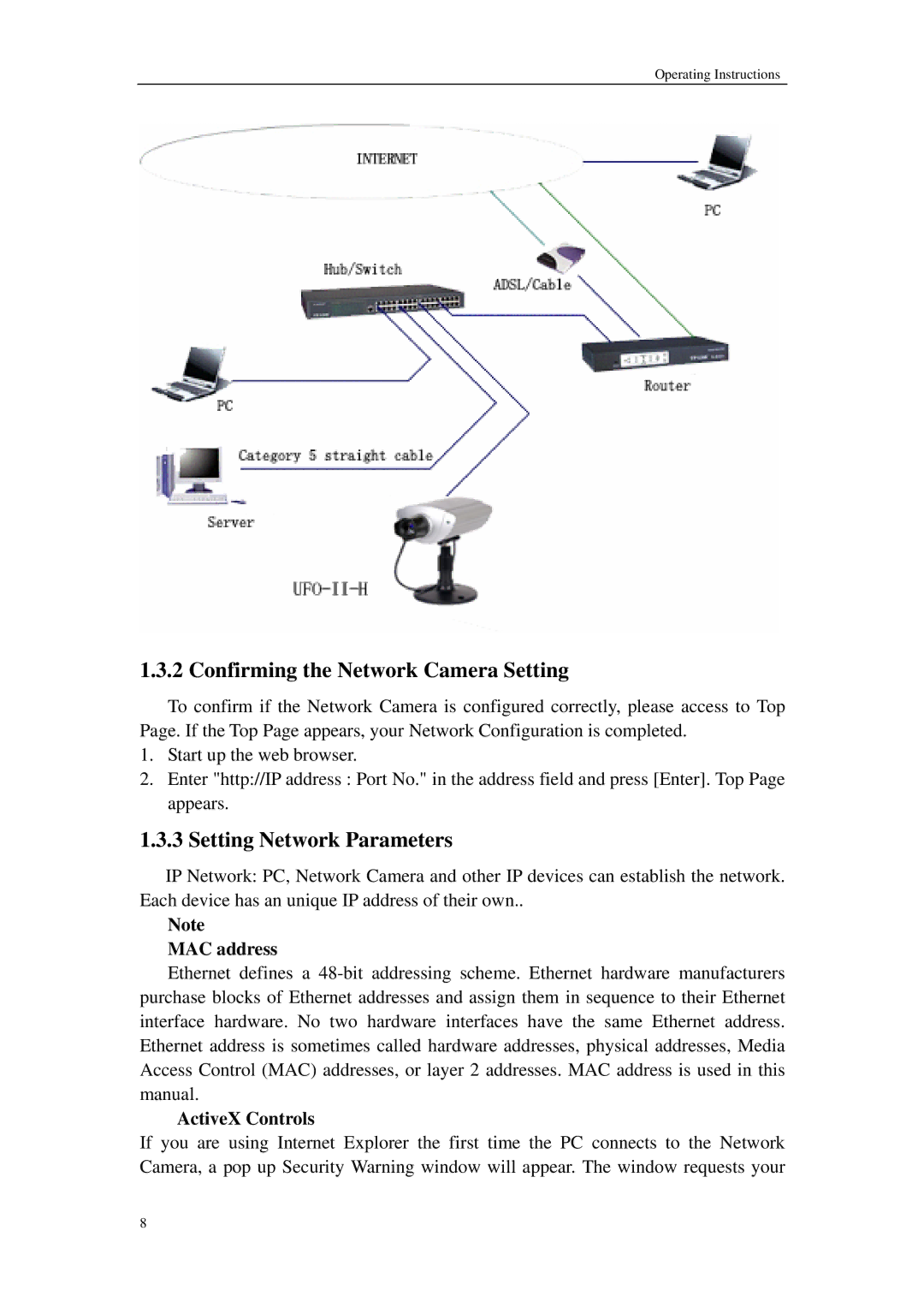 Sharp QSINUFO Confirming the Network Camera Setting, Setting Network Parameters, MAC address, ActiveX Controls 