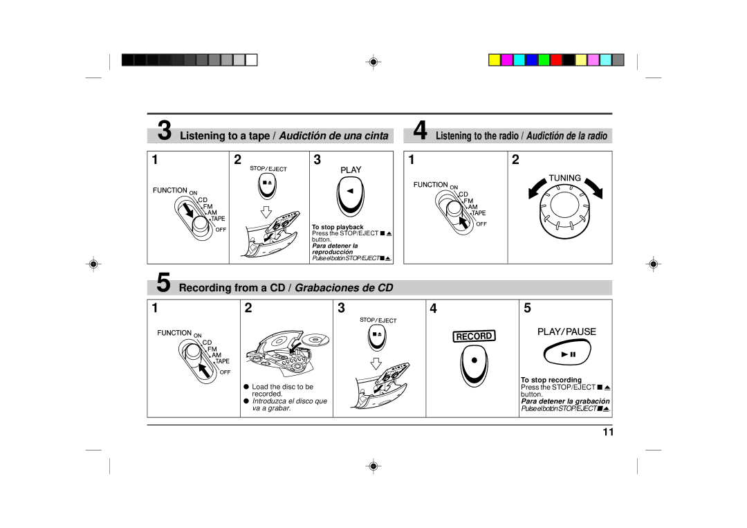 Sharp QT-CD180 operation manual Listening to a tape / Audictión de una cinta, Recording from a CD / Grabaciones de CD 