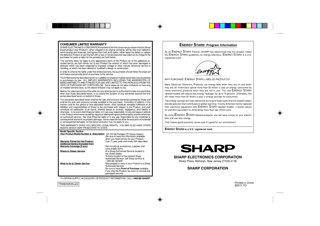 Sharp QT-CD180 operation manual Consumer Limited Warranty, Energy Star Program Information 