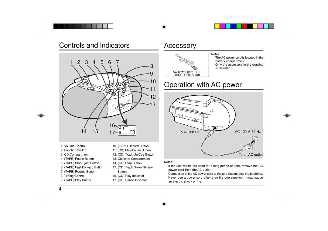 Sharp QT-CD180 operation manual Controls and Indicators Accessory, Operation with AC power 