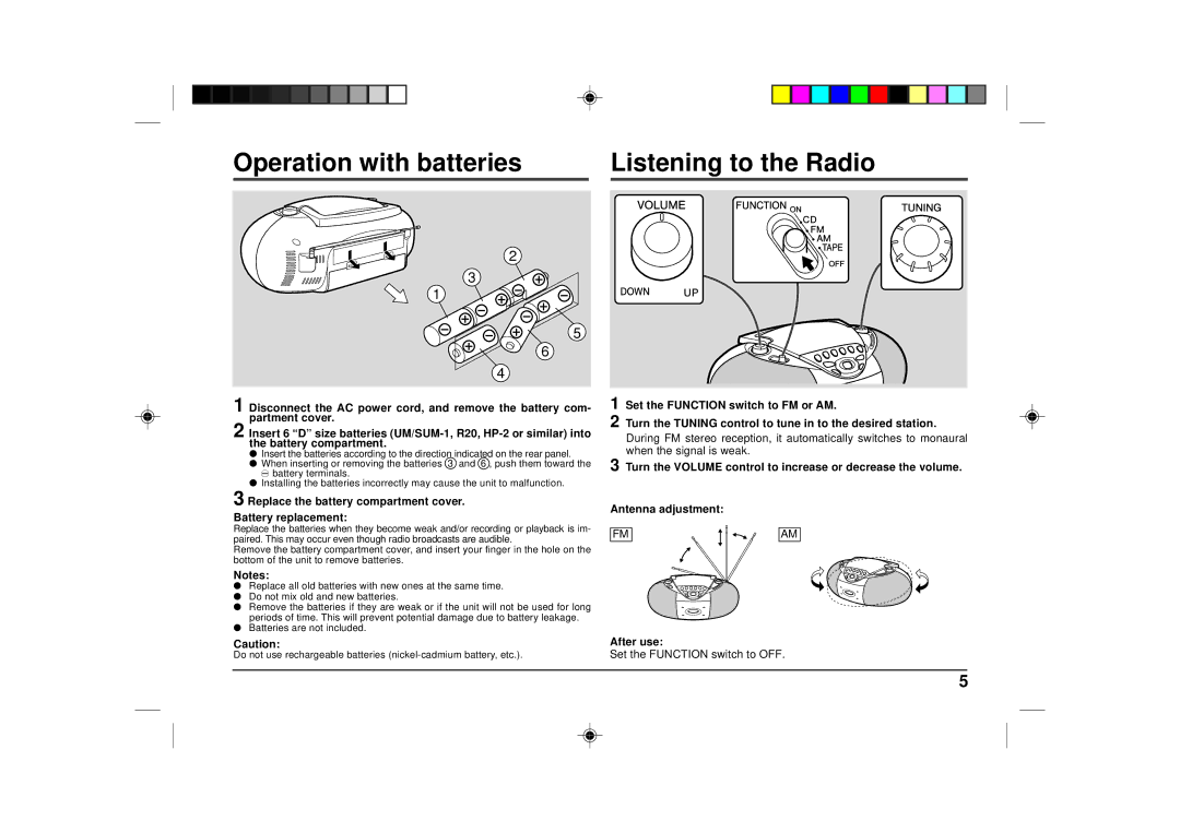 Sharp QT-CD180 Operation with batteries, Listening to the Radio, Replace the battery compartment cover Battery replacement 