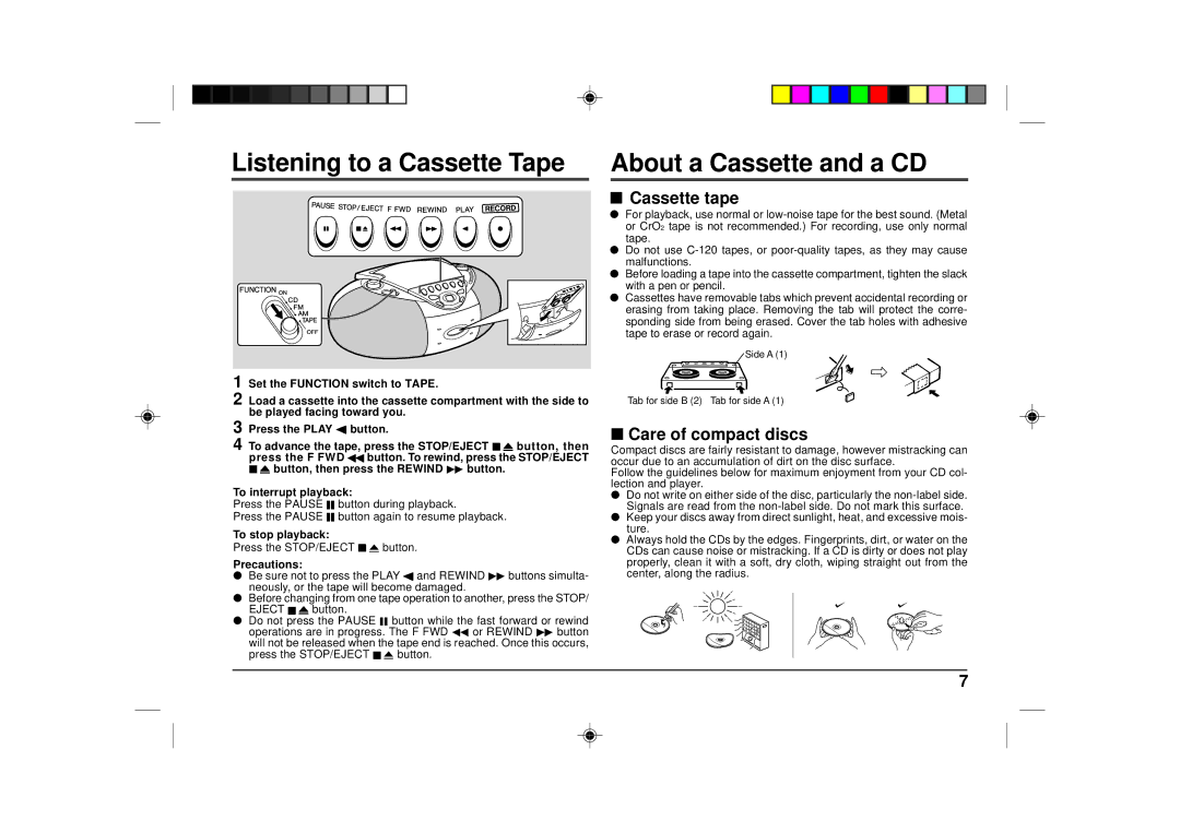 Sharp QT-CD180 Listening to a Cassette Tape, About a Cassette and a CD, Cassette tape, Care of compact discs 