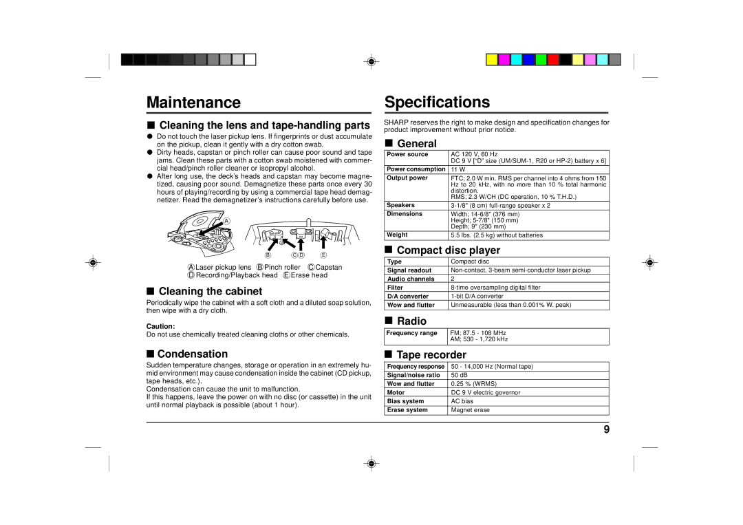 Sharp QT-CD180 operation manual Maintenance, Specifications 