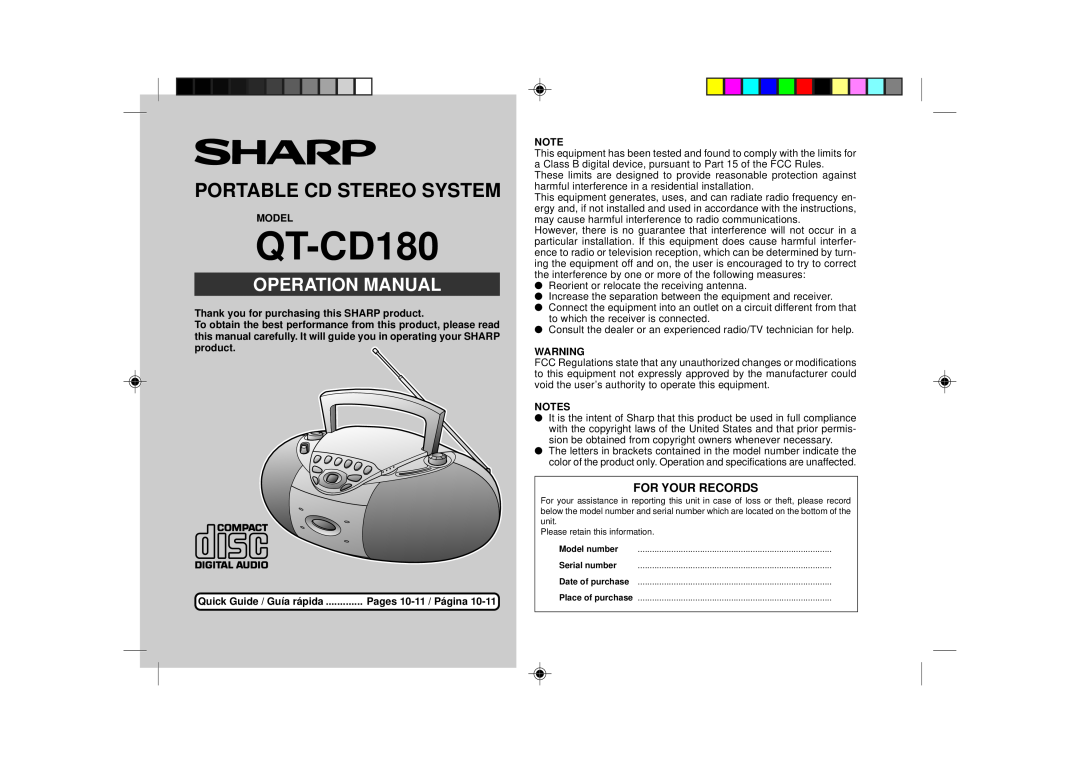 Sharp QT-CD180 operation manual Portable Cd Stereo System, For Your Records, Model 