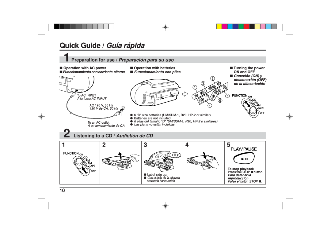 Sharp QT-CD180 Quick Guide / Guía rápida, Listening to a CD / Audictión de CD, Operation with AC power, A la toma AC INPUT 
