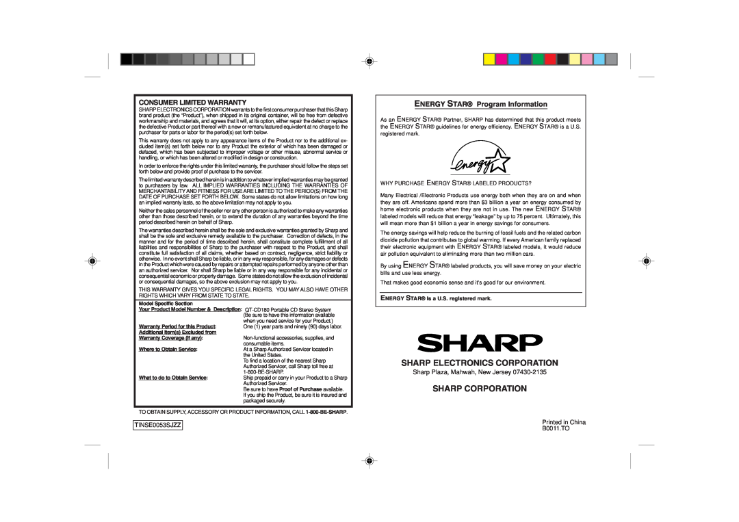 Sharp QT-CD180 operation manual Consumer Limited Warranty, ENERGY STAR Program Information, Sharp Electronics Corporation 