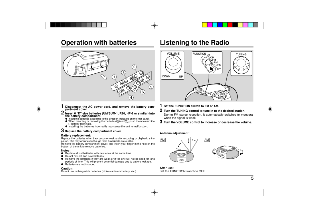 Sharp QT-CD180 Operation with batteries, Listening to the Radio, Replace the battery compartment cover, Antenna adjustment 
