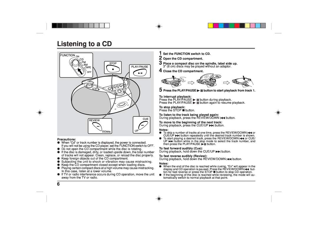 Sharp QT-CD180 Listening to a CD, Precautions, Set the FUNCTION switch to CD, Open the CD compartment, To stop playback 