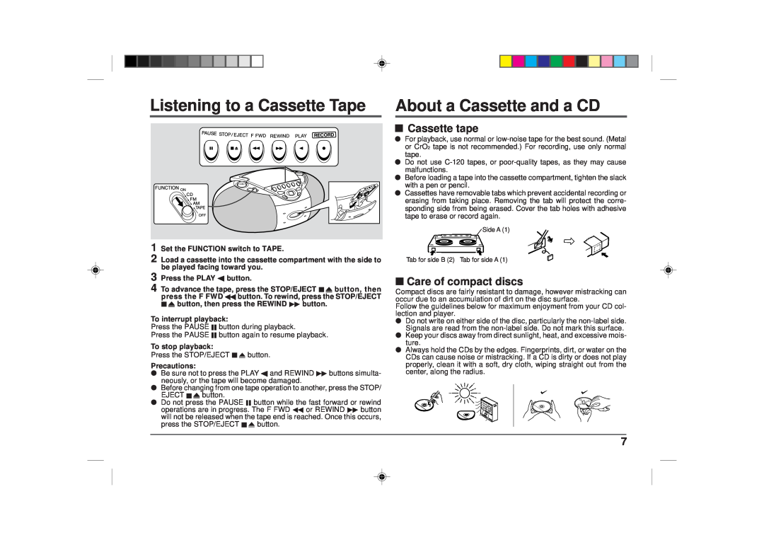 Sharp QT-CD180 Listening to a Cassette Tape, About a Cassette and a CD, Cassette tape, Care of compact discs, Precautions 
