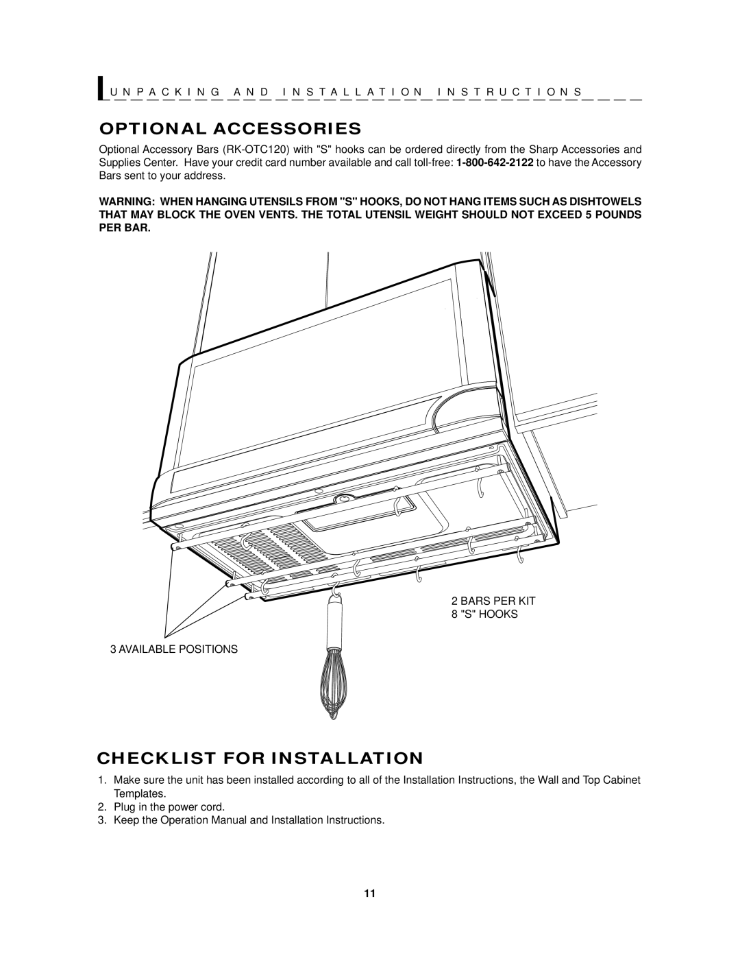 Sharp R-1201, R-1200 operation manual Optional Accessories, Checklist for Installation 