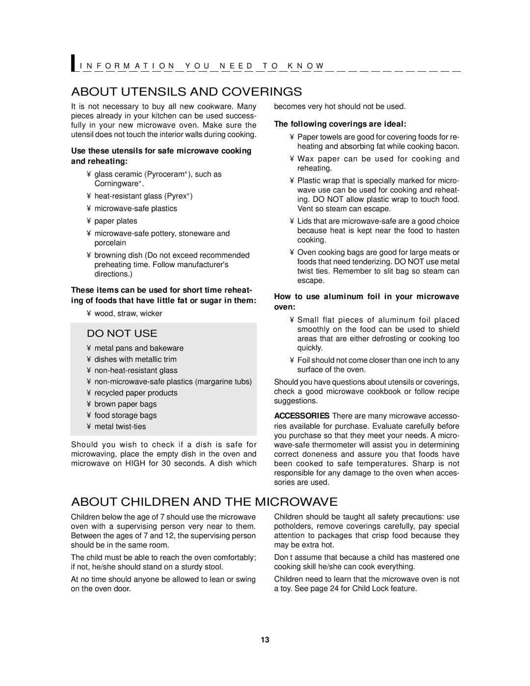 Sharp R-1201, R-1200 operation manual About Utensils and Coverings, About Children and the Microwave 