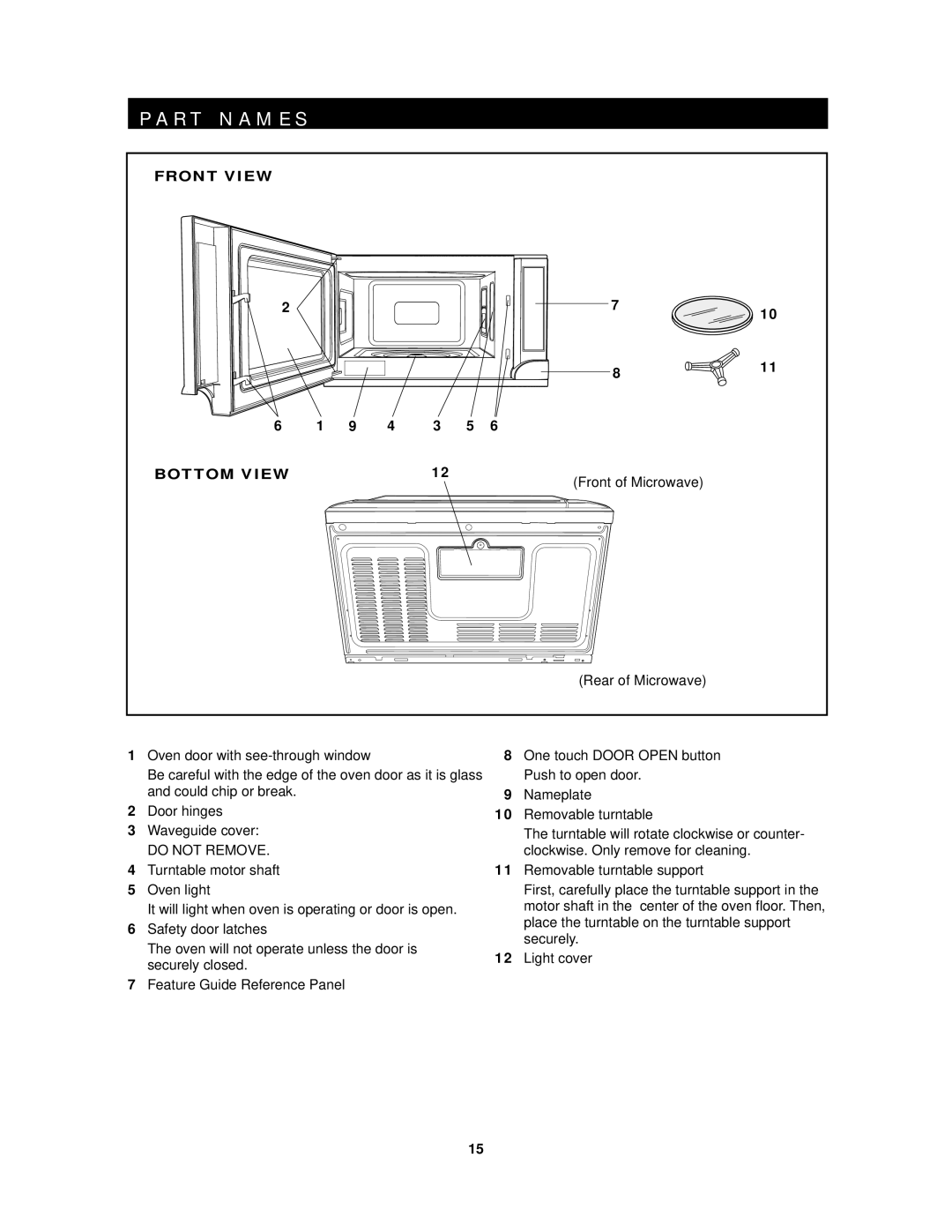 Sharp R-1201, R-1200 operation manual R T N a M E S, Front of Microwave Rear of Microwave 