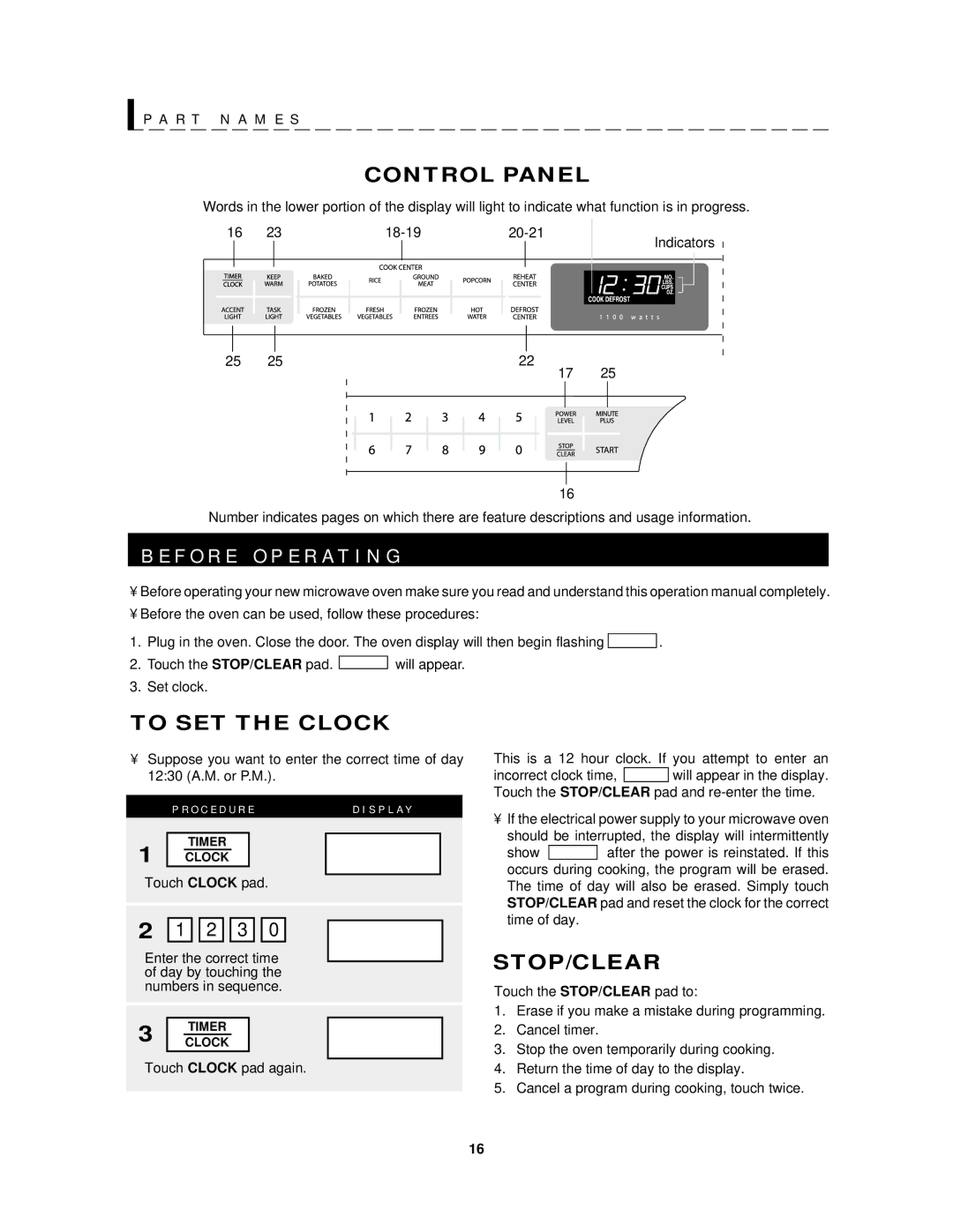 Sharp R-1200, R-1201 operation manual F O R E O P E R a T I N G, Control Panel, To SET the Clock, Stop/Clear, 18-19 20-21 