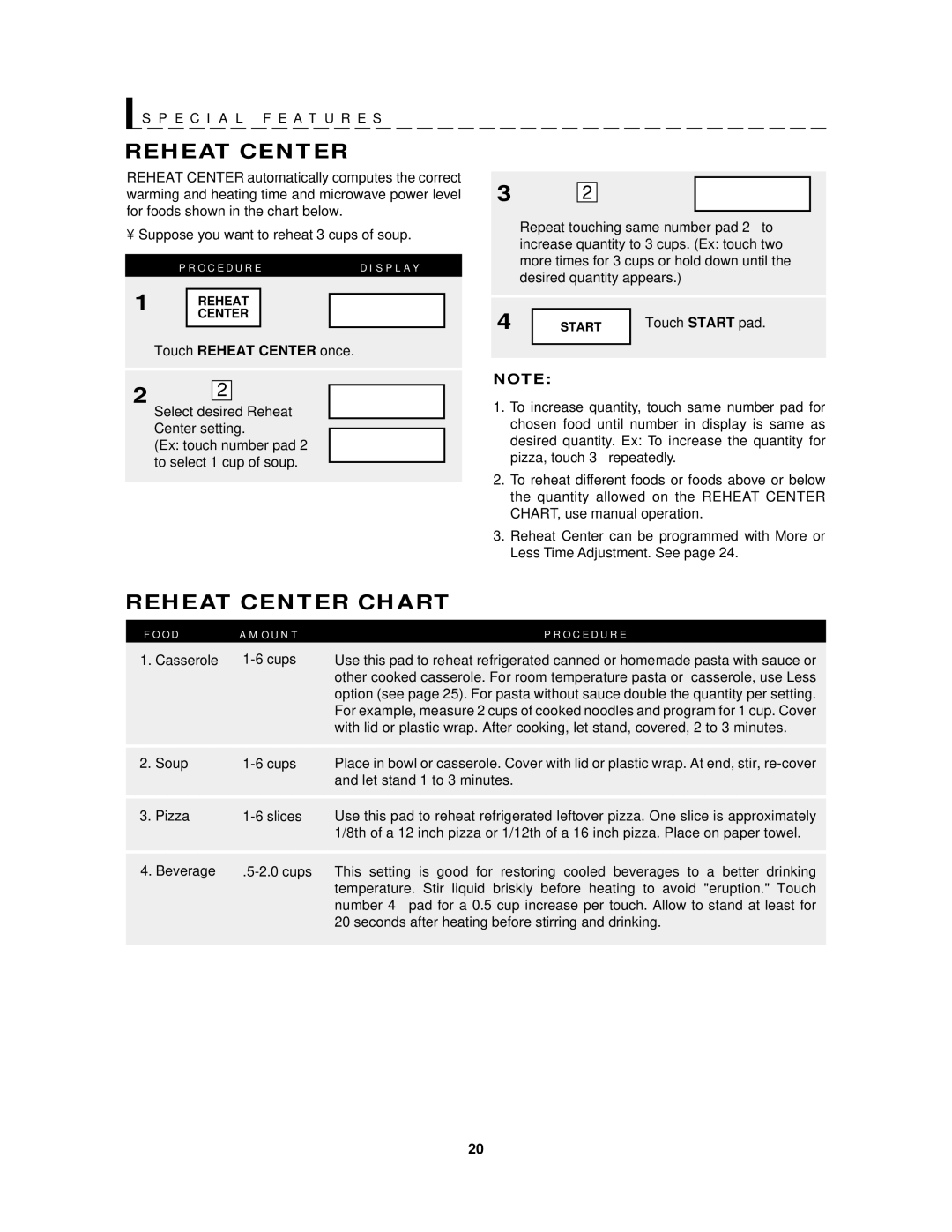 Sharp R-1200, R-1201 operation manual Reheat Center Chart, Touch Reheat Center once 